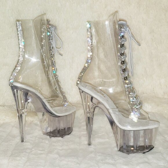 Clear High Heel Ankle Boots With Rhinestone Trim 1021c-2 - Picture 1 of 12